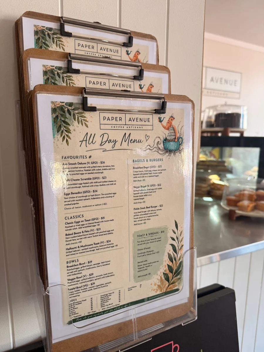 Menu, Paper Avenue Cafe