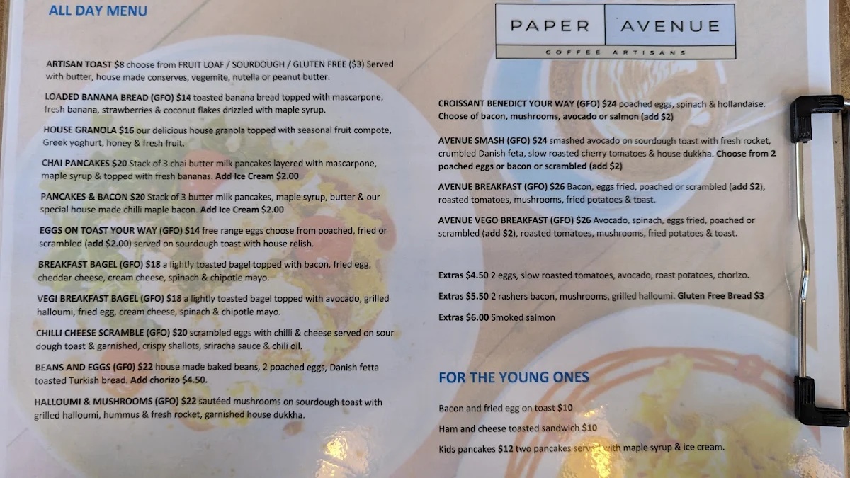 Menu, Paper Avenue Cafe