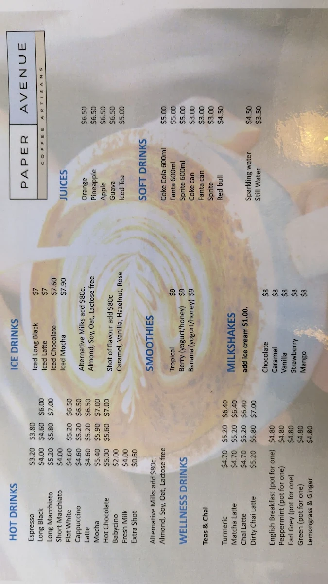 Menu, Paper Avenue Cafe
