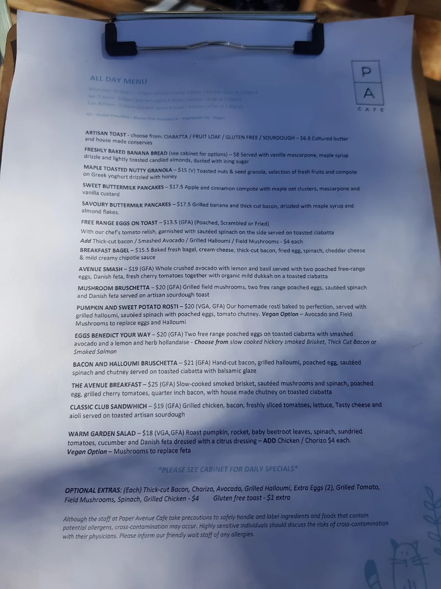 Menu, Paper Avenue Cafe