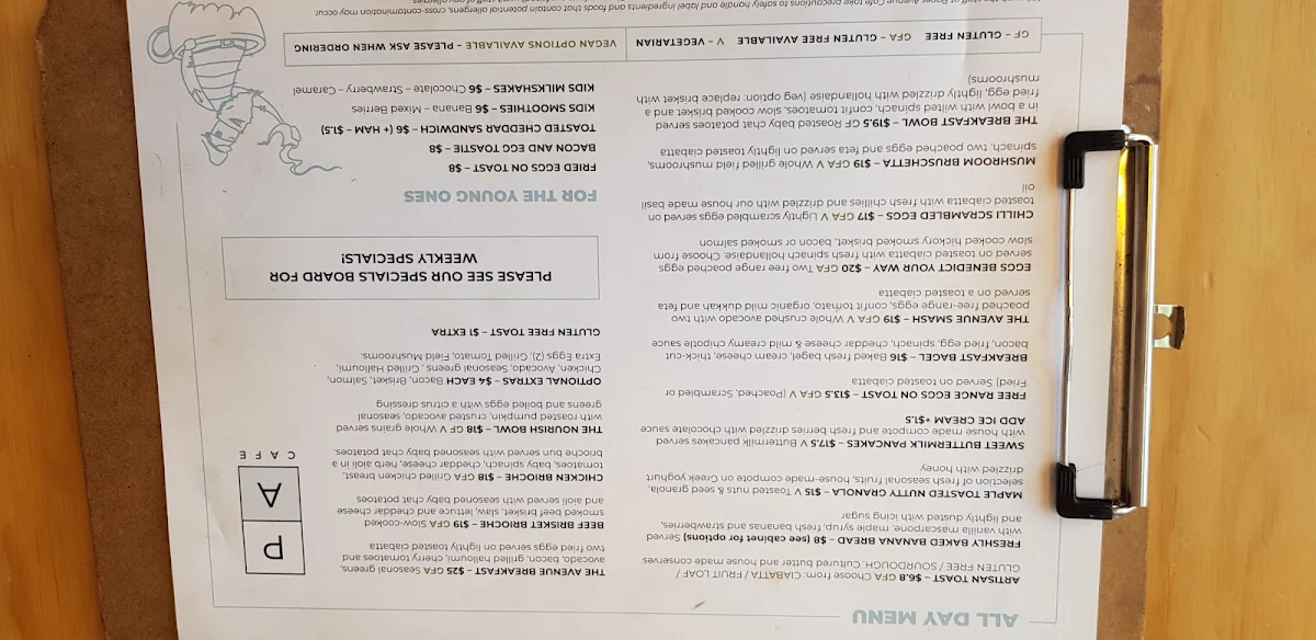 Menu, Paper Avenue Cafe