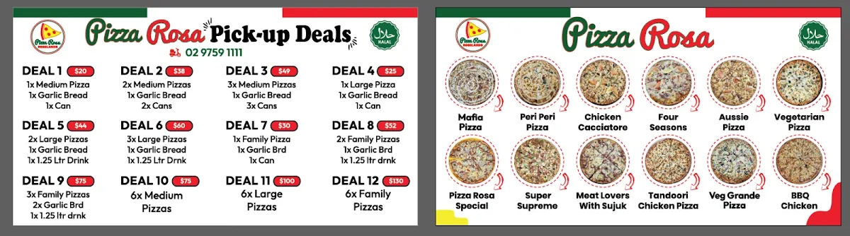 Menu, Pizza Rosa Roselands
