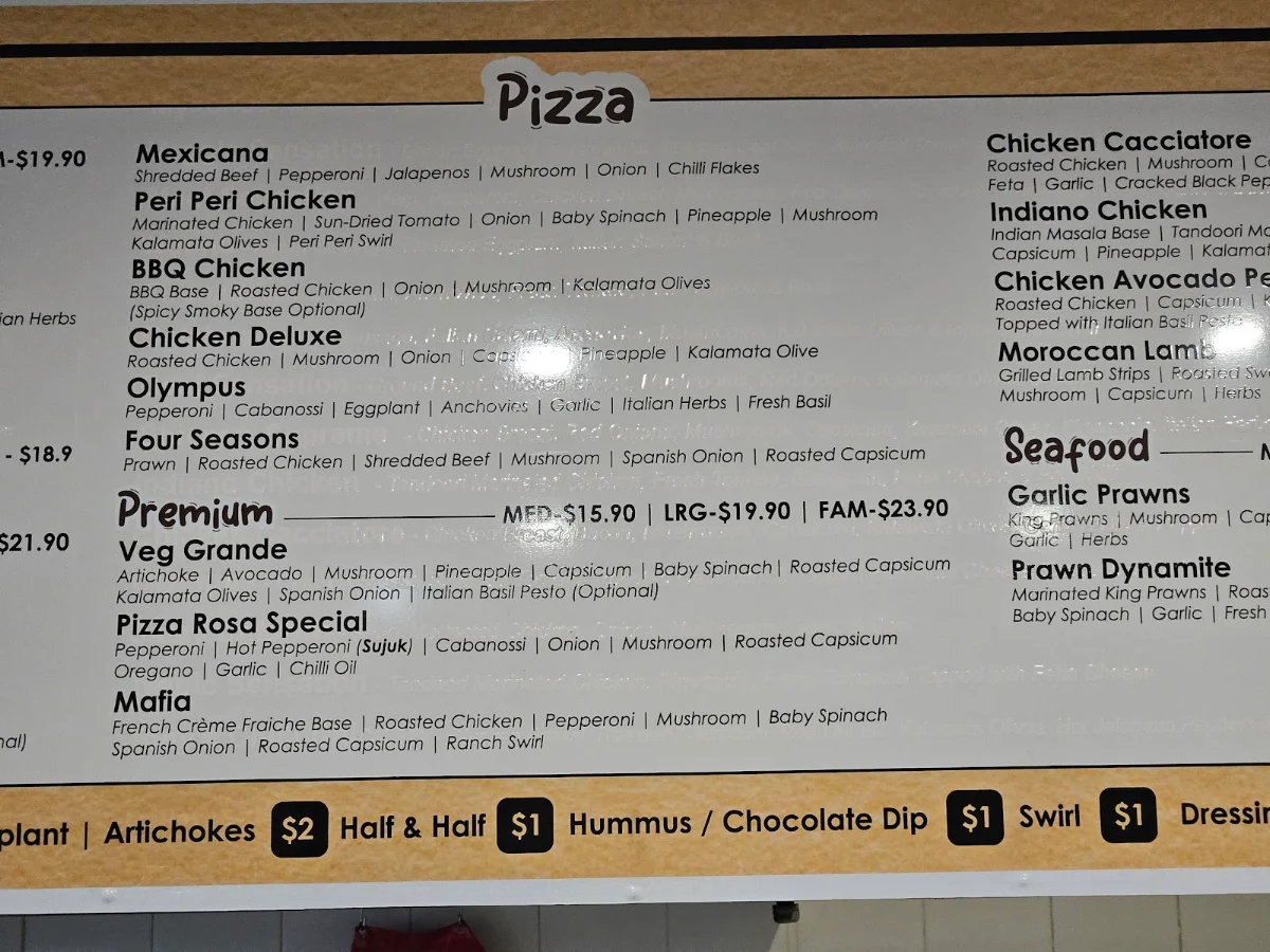 Menu, Pizza Rosa Roselands