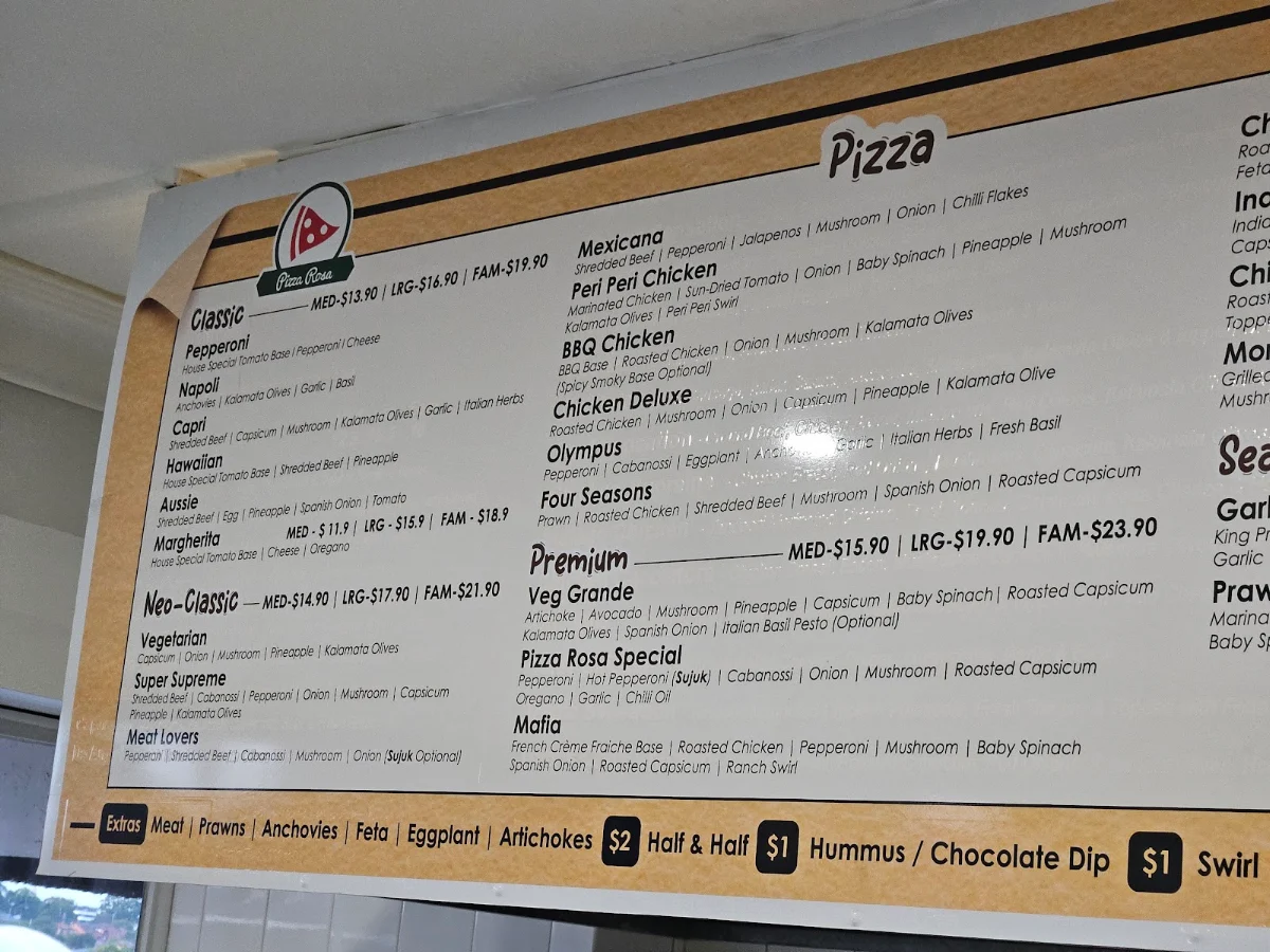 Menu, Pizza Rosa Roselands