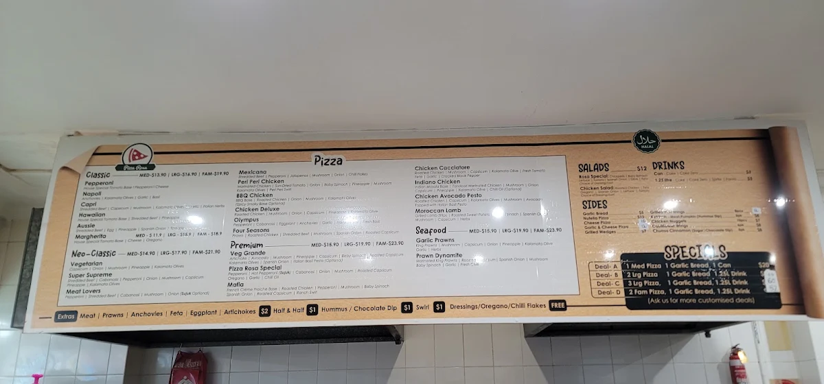 Menu, Pizza Rosa Roselands
