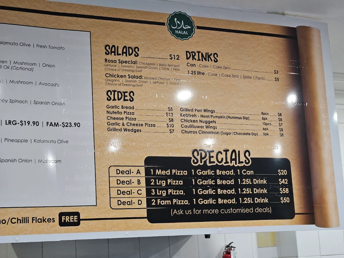 Menu, Pizza Rosa Roselands