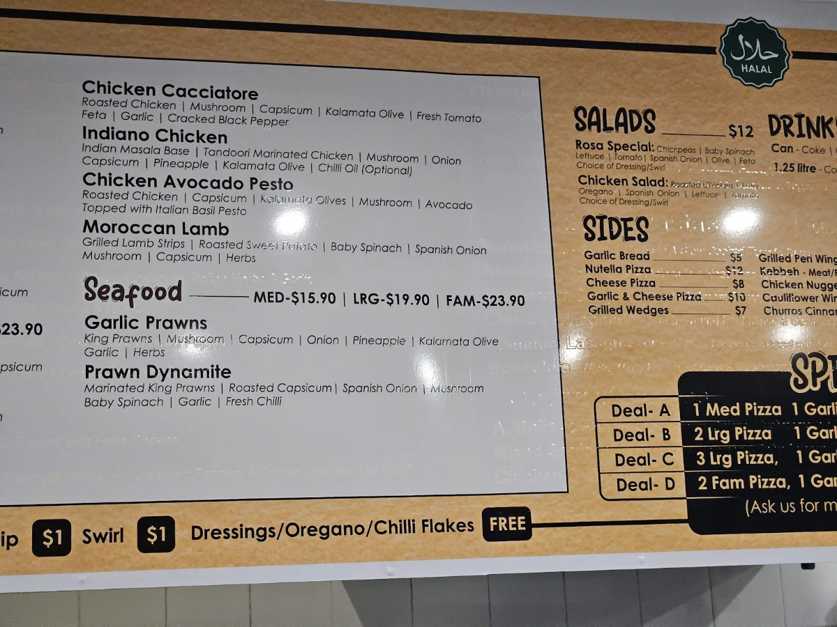 Menu, Pizza Rosa Roselands