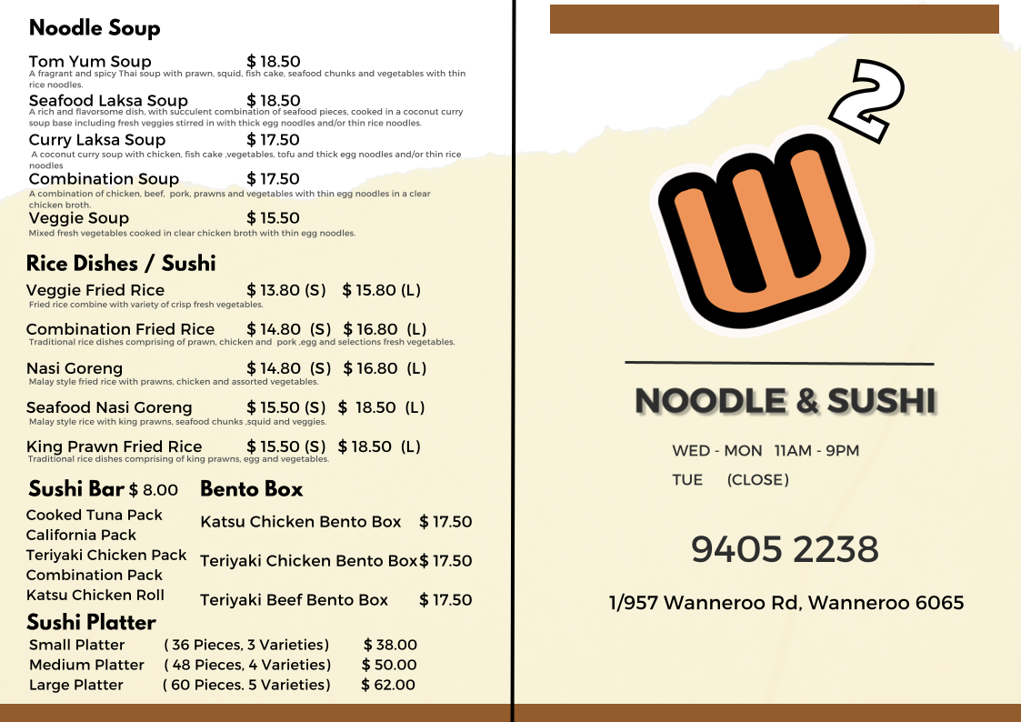 Menu, W2 Noodle & Sushi