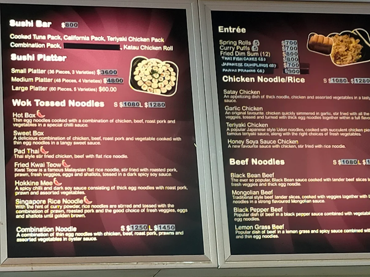 Menu, W2 Noodle & Sushi