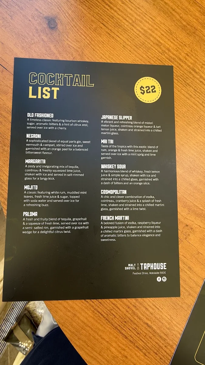 Menu, Malt Shovel Taphouse Adelaide