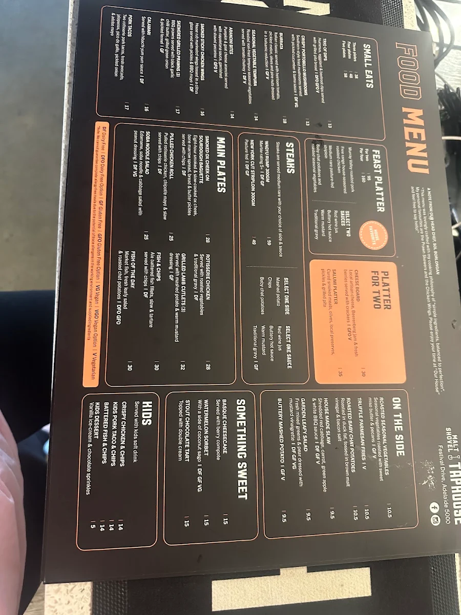 Menu, Malt Shovel Taphouse Adelaide