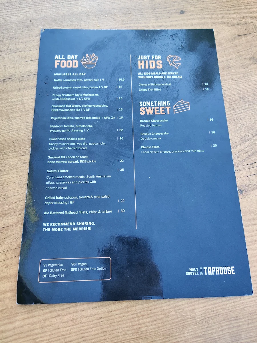 Menu, Malt Shovel Taphouse Adelaide