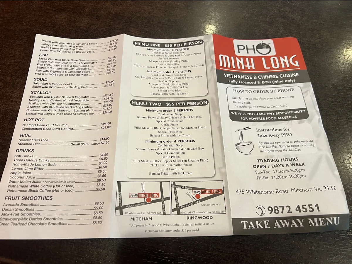Menu, Pho Minh Long
