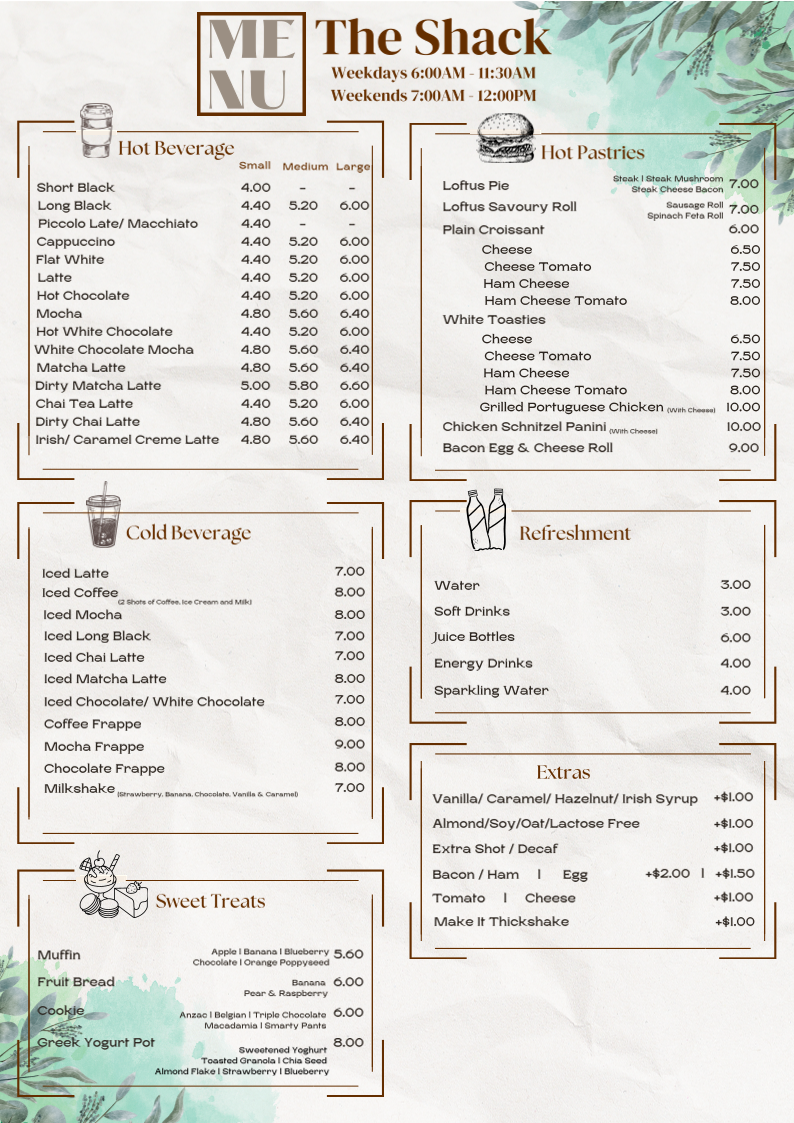 Menu, The Shack