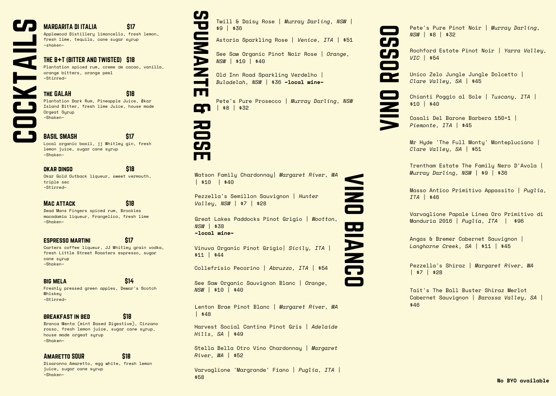 Menu, Pezzella’s Pizzeria and Bar
