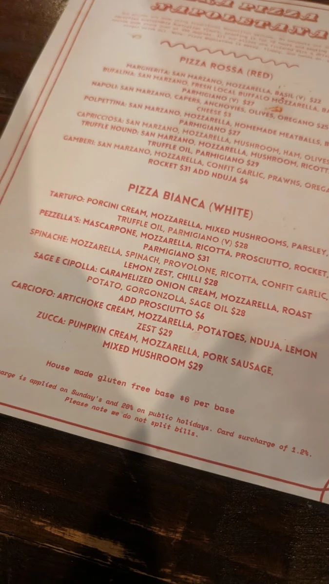 Menu, Pezzella’s Pizzeria and Bar