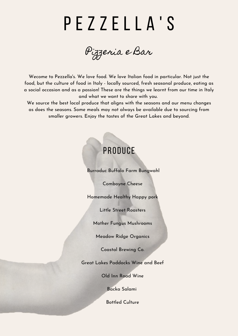 Menu, Pezzella’s Pizzeria and Bar