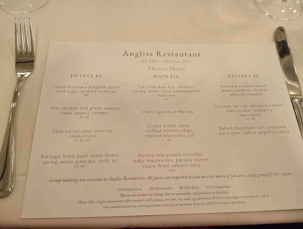 Menu, Angliss Restaurant