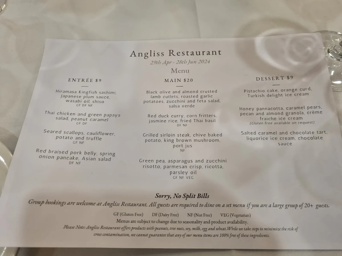 Menu, Angliss Restaurant