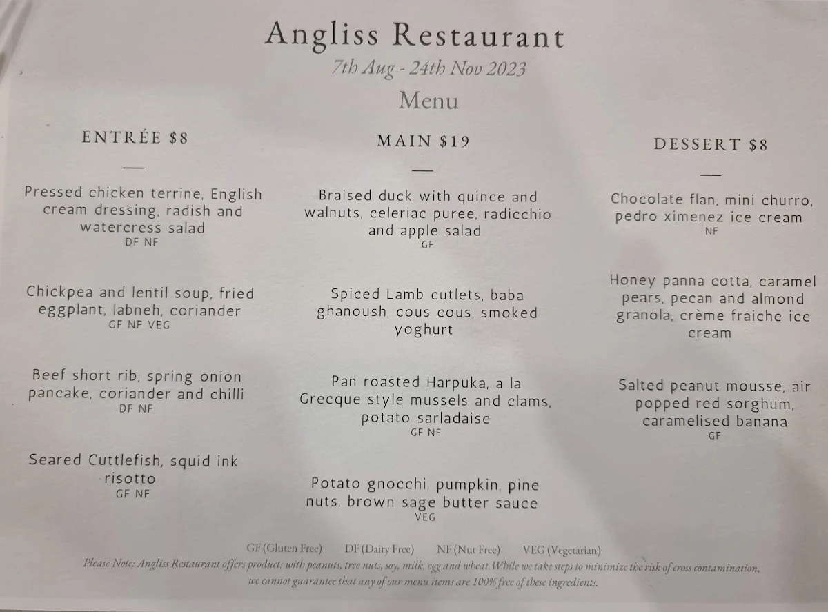 Menu, Angliss Restaurant