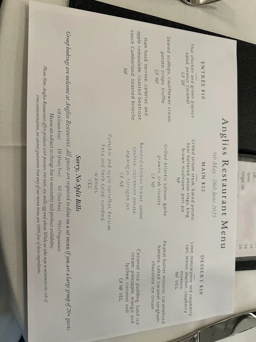 Menu, Angliss Restaurant