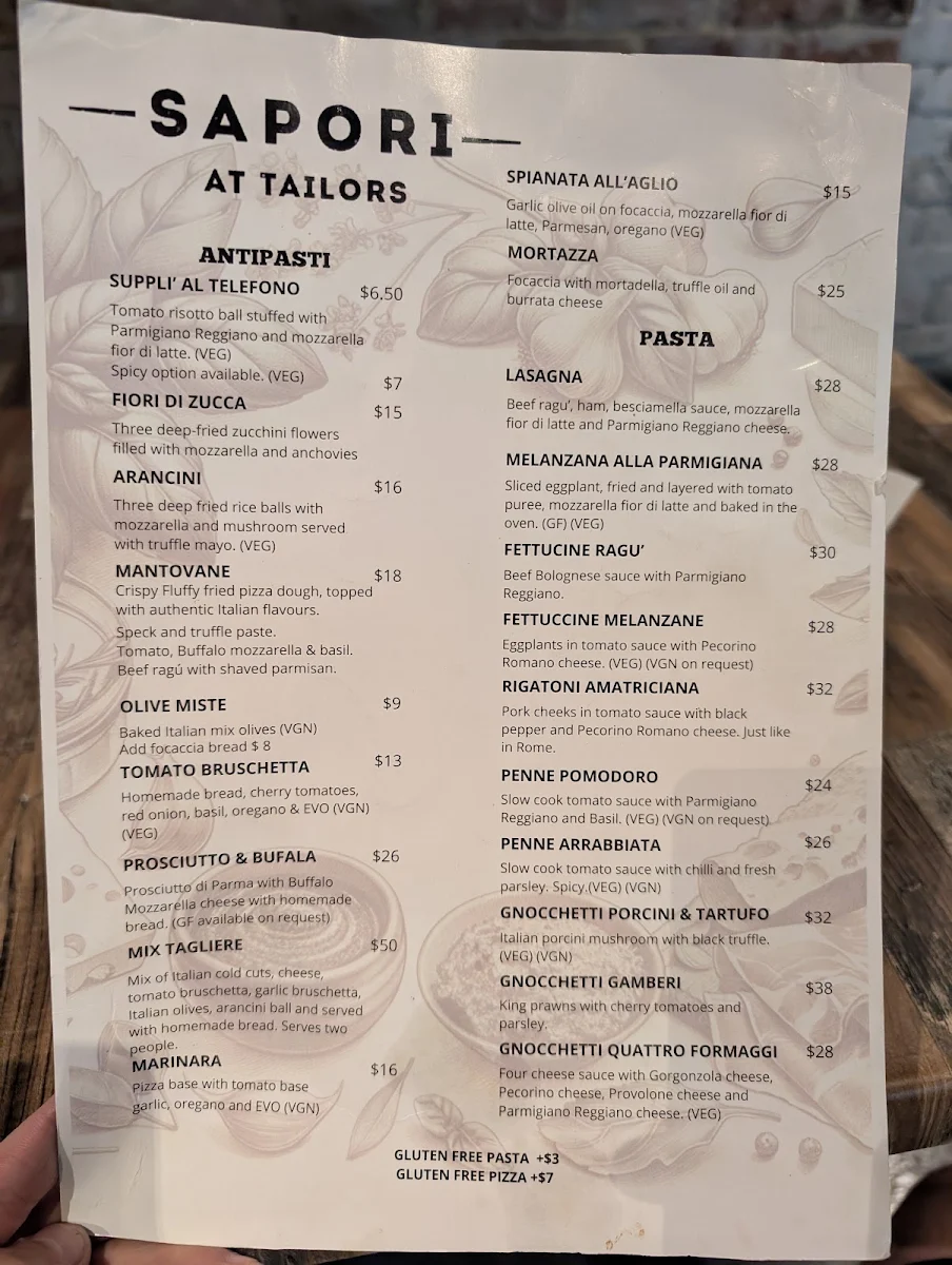 Menu, Sapori at Tailors