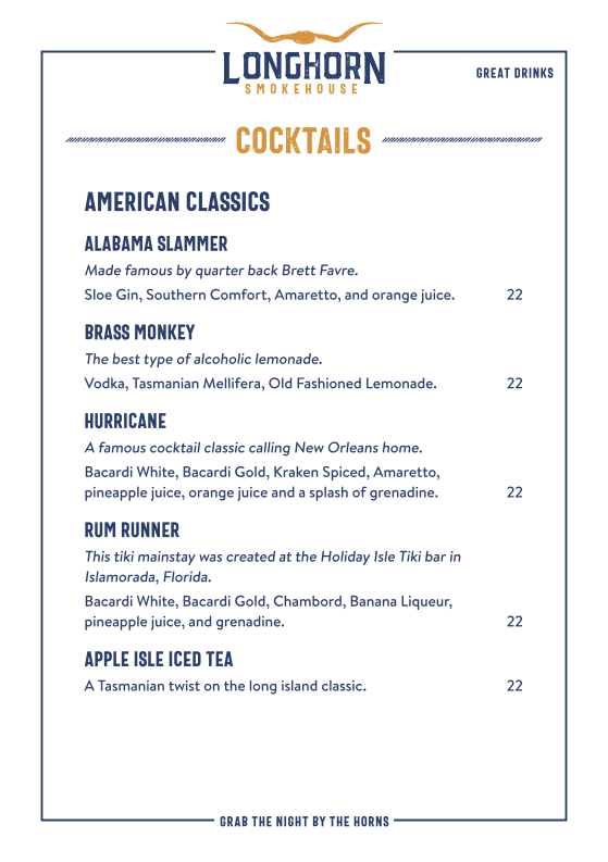 Menu, Longhorn Smokehouse