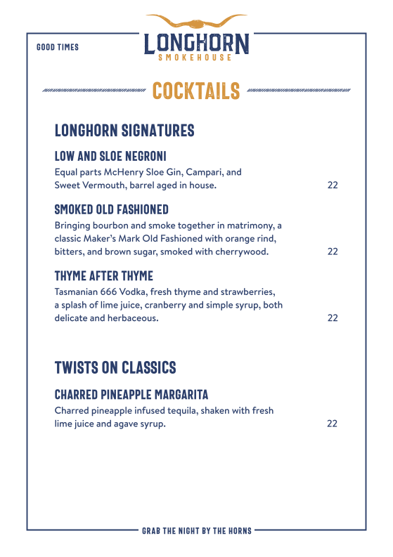 Menu, Longhorn Smokehouse