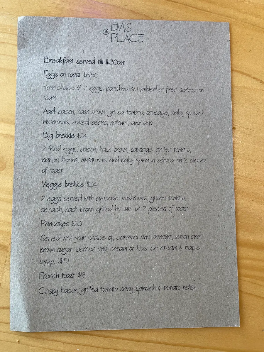 Menu, @Em's Place