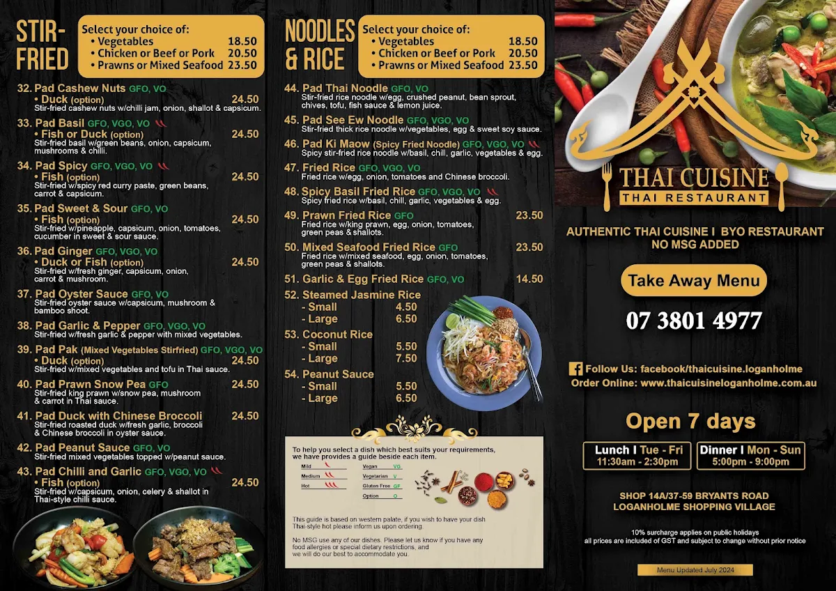Menu, Thai Cuisine Loganholme (Bryants Road)