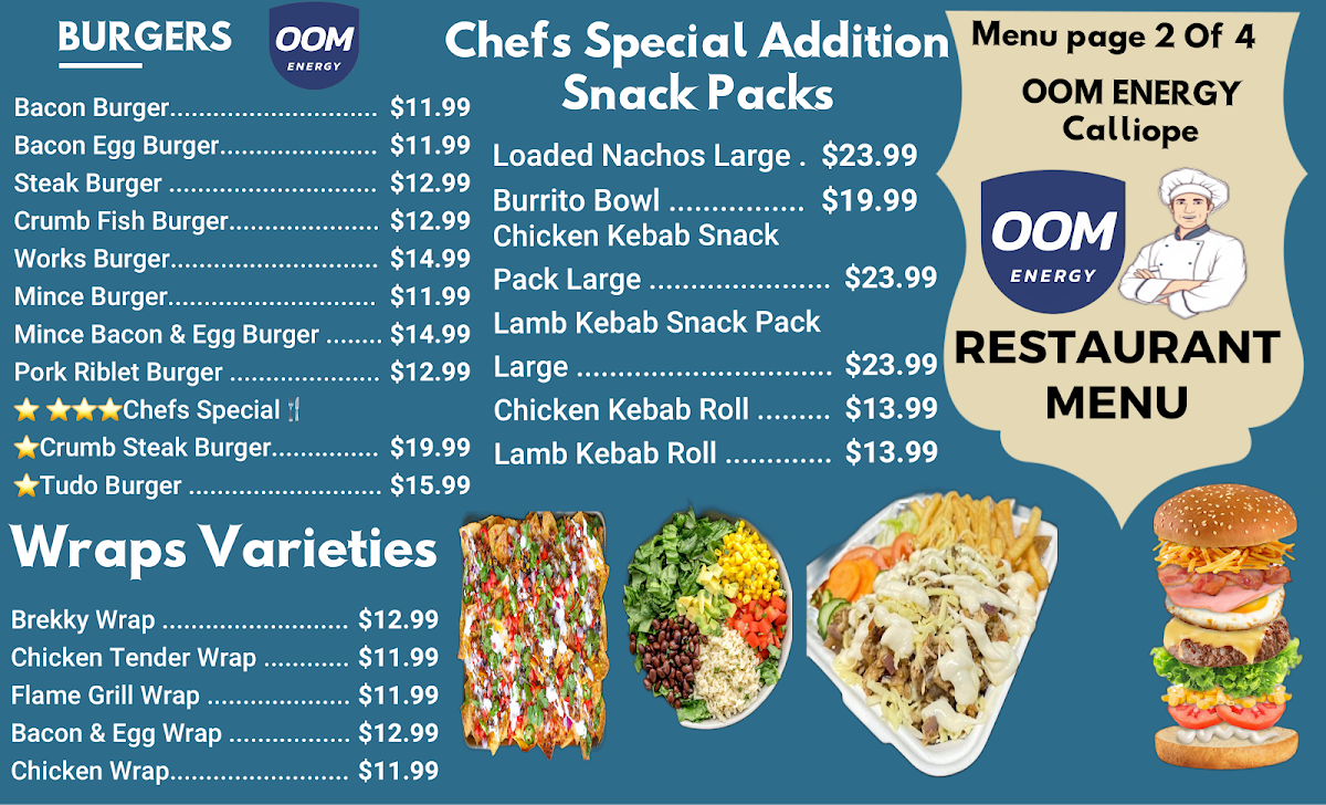 Menu, OOM Energy calliope Australian Cuisine Restaurant(Retro Theme Dine-in)Mini Supermarket,Toy Shop & Servo