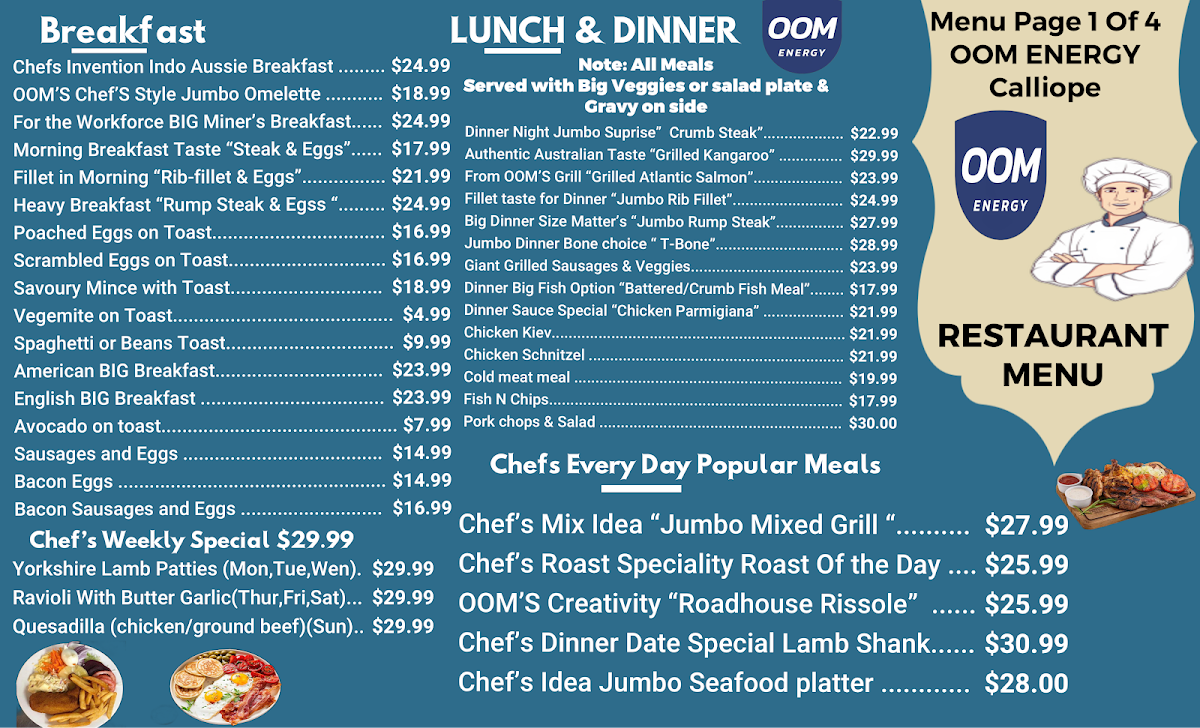 Menu, OOM Energy calliope Australian Cuisine Restaurant(Retro Theme Dine-in)Mini Supermarket,Toy Shop & Servo