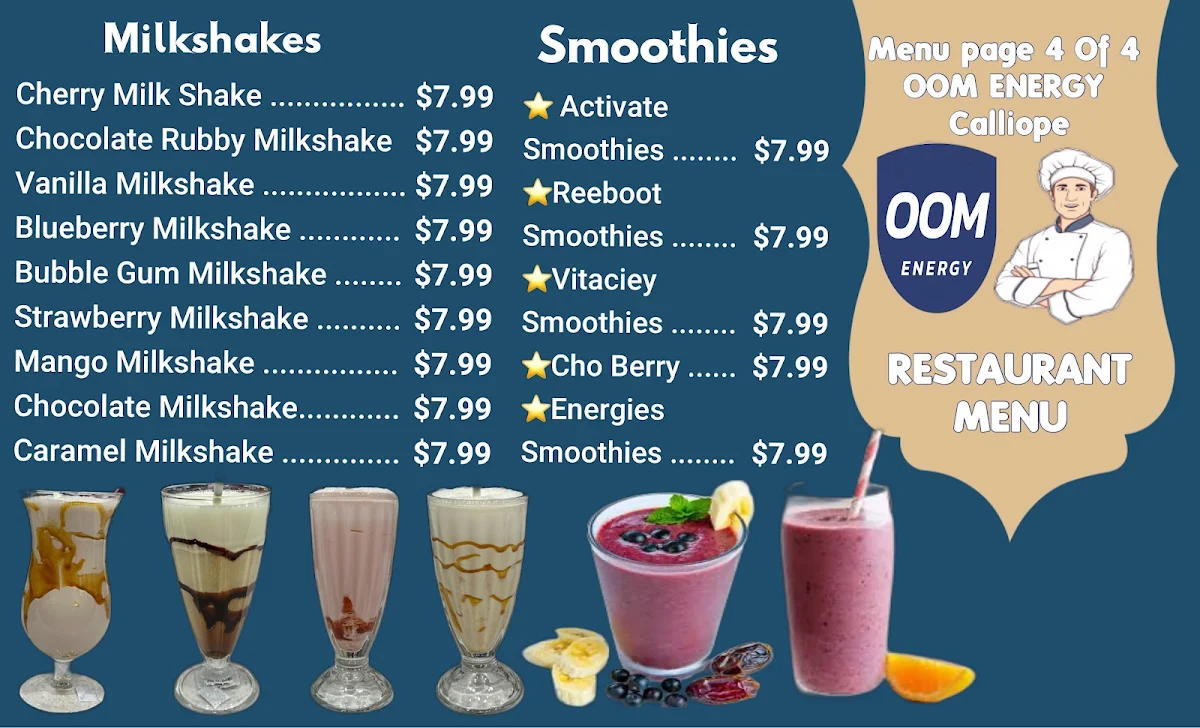 Menu, OOM Energy calliope Australian Cuisine Restaurant(Retro Theme Dine-in)Mini Supermarket,Toy Shop & Servo