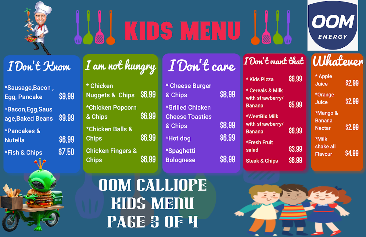 Menu, OOM Energy calliope Australian Cuisine Restaurant(Retro Theme Dine-in)Mini Supermarket,Toy Shop & Servo