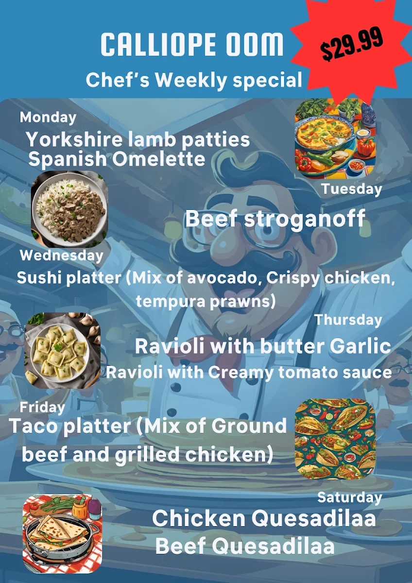 Menu, OOM Energy calliope Australian Cuisine Restaurant(Retro Theme Dine-in)Mini Supermarket,Toy Shop & Servo