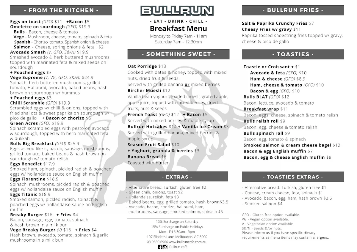 Menu, Bullrun café