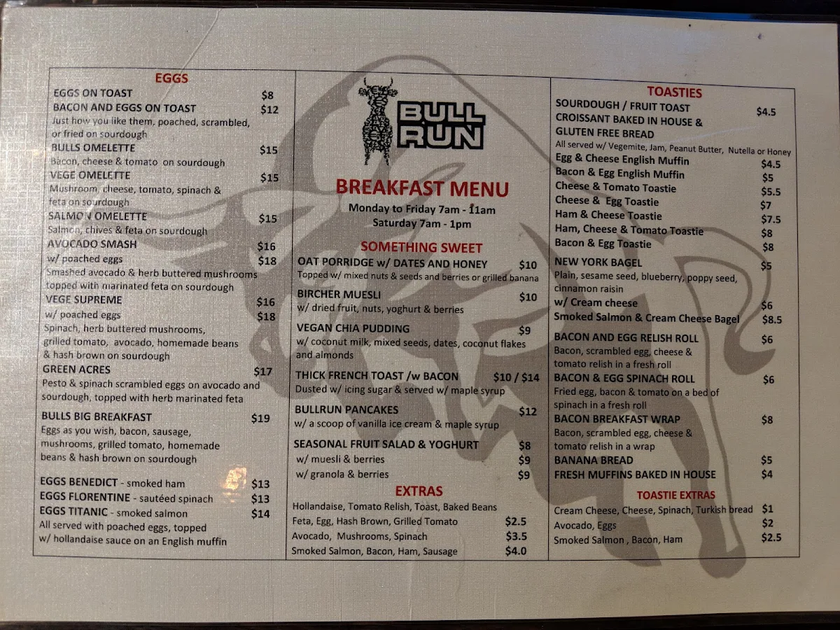 Menu, Bullrun café