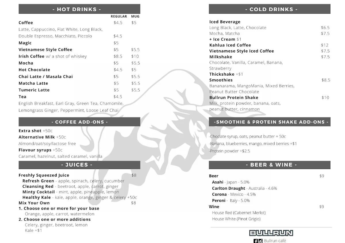Menu, Bullrun café