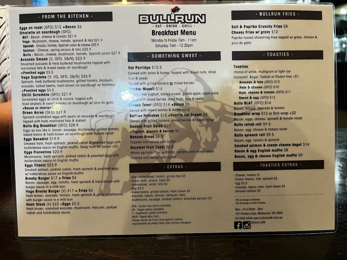 Menu, Bullrun café
