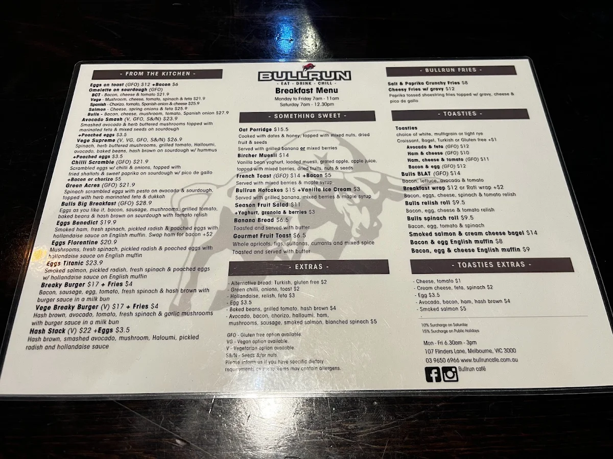 Menu, Bullrun café