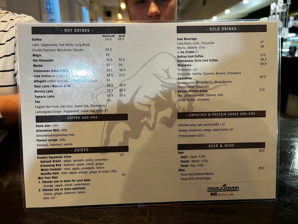 Menu, Bullrun café