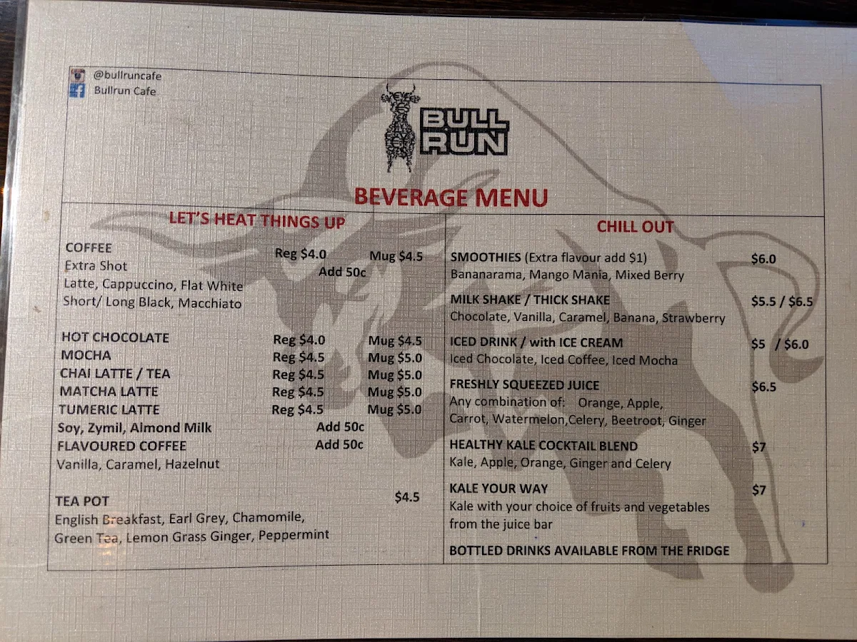 Menu, Bullrun café