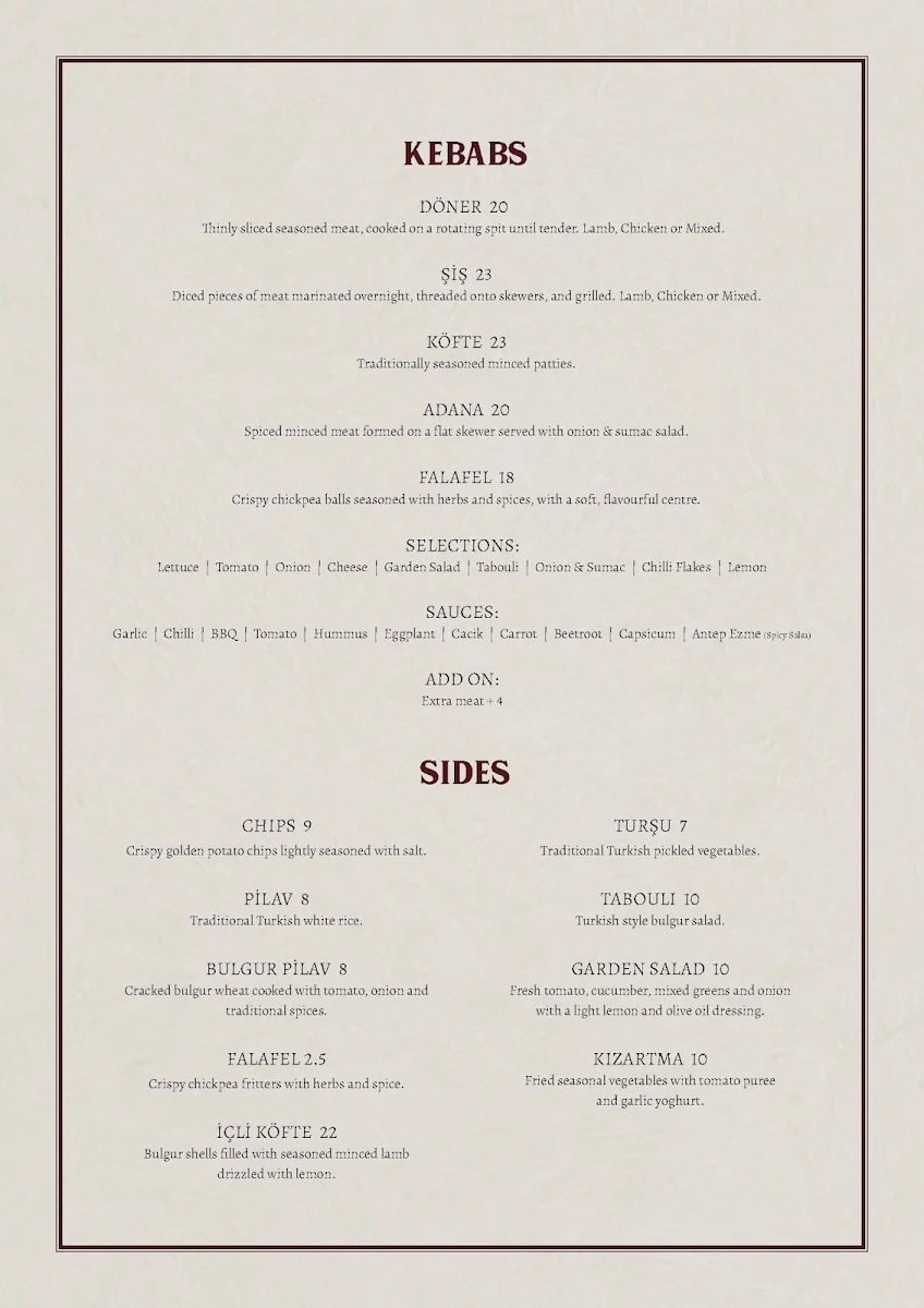 Menu, Barbaros Turkish Grill