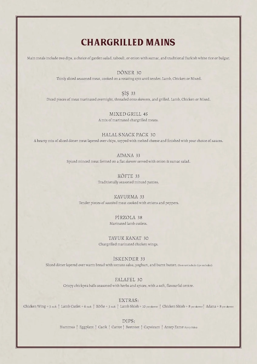 Menu, Barbaros Turkish Grill