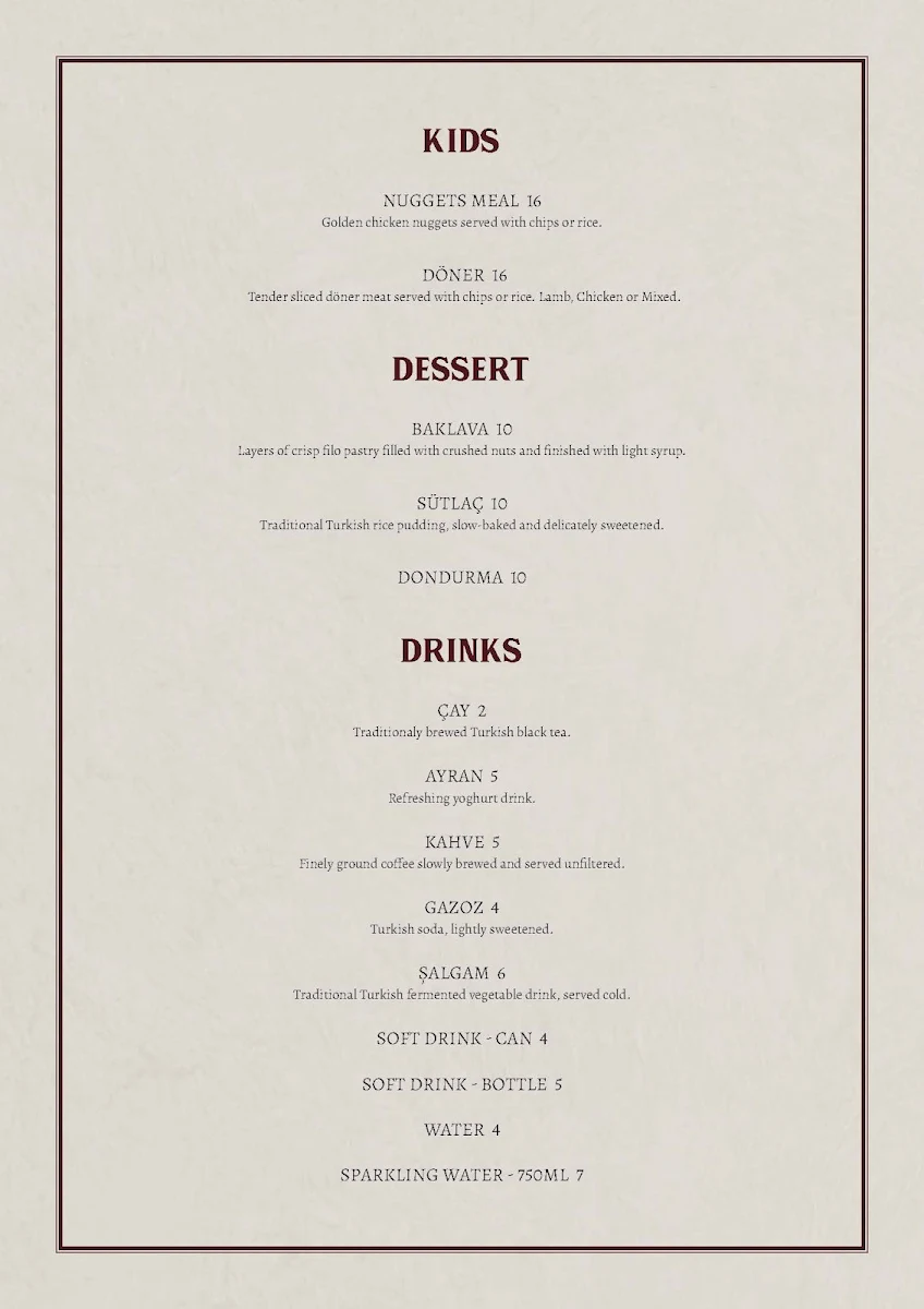 Menu, Barbaros Turkish Grill