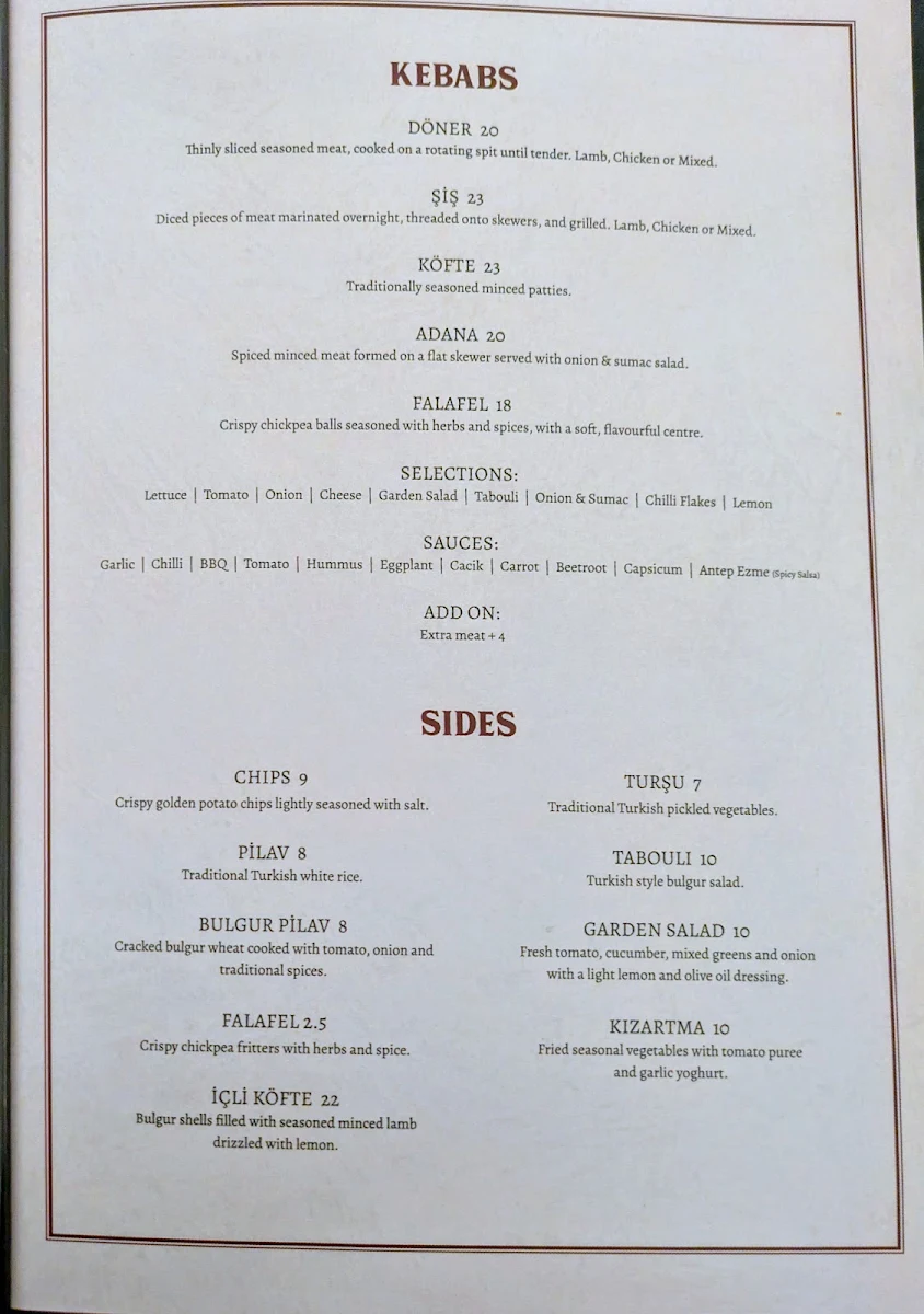 Menu, Barbaros Turkish Grill