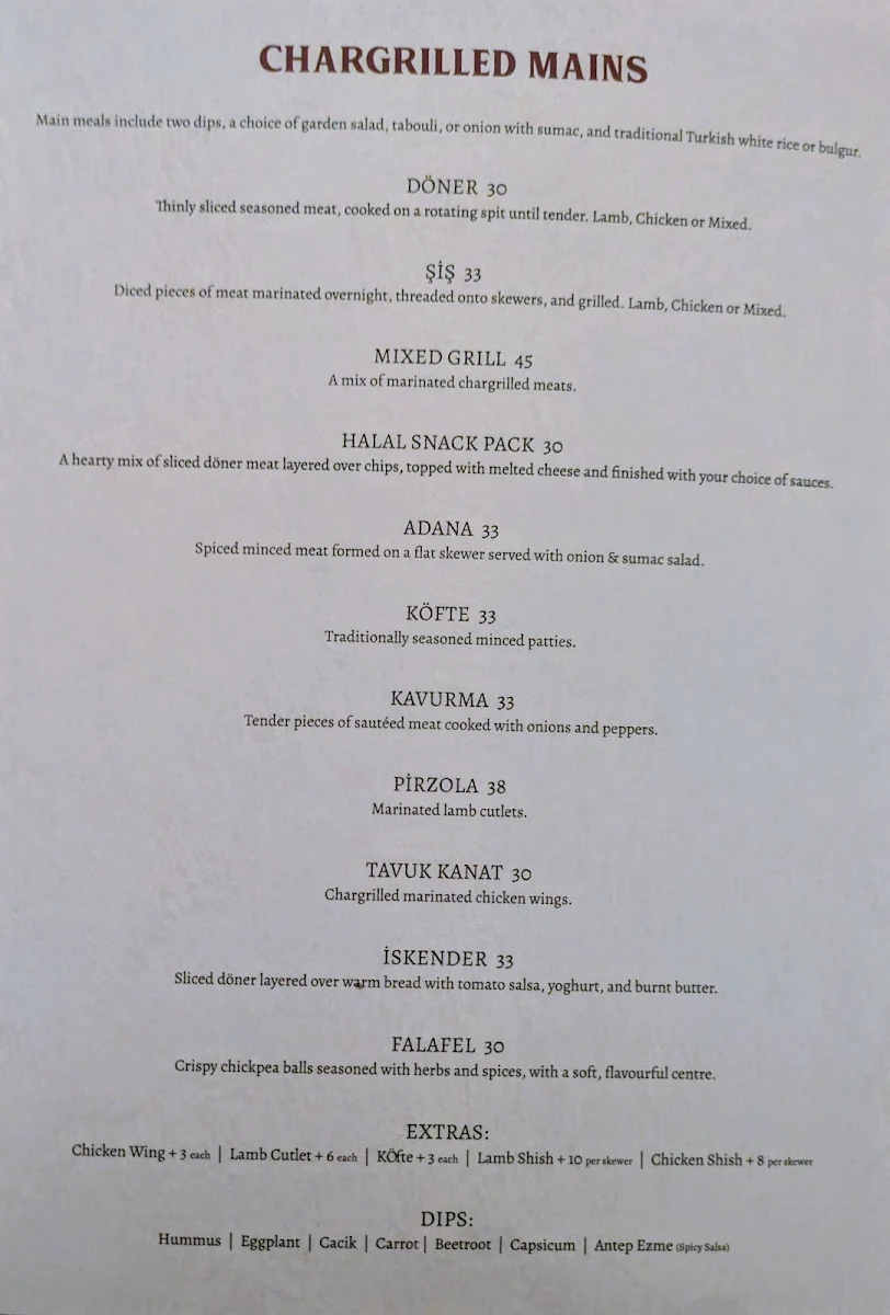 Menu, Barbaros Turkish Grill