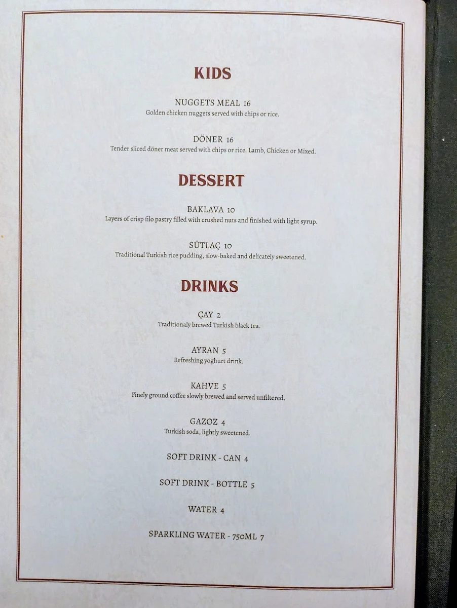 Menu, Barbaros Turkish Grill