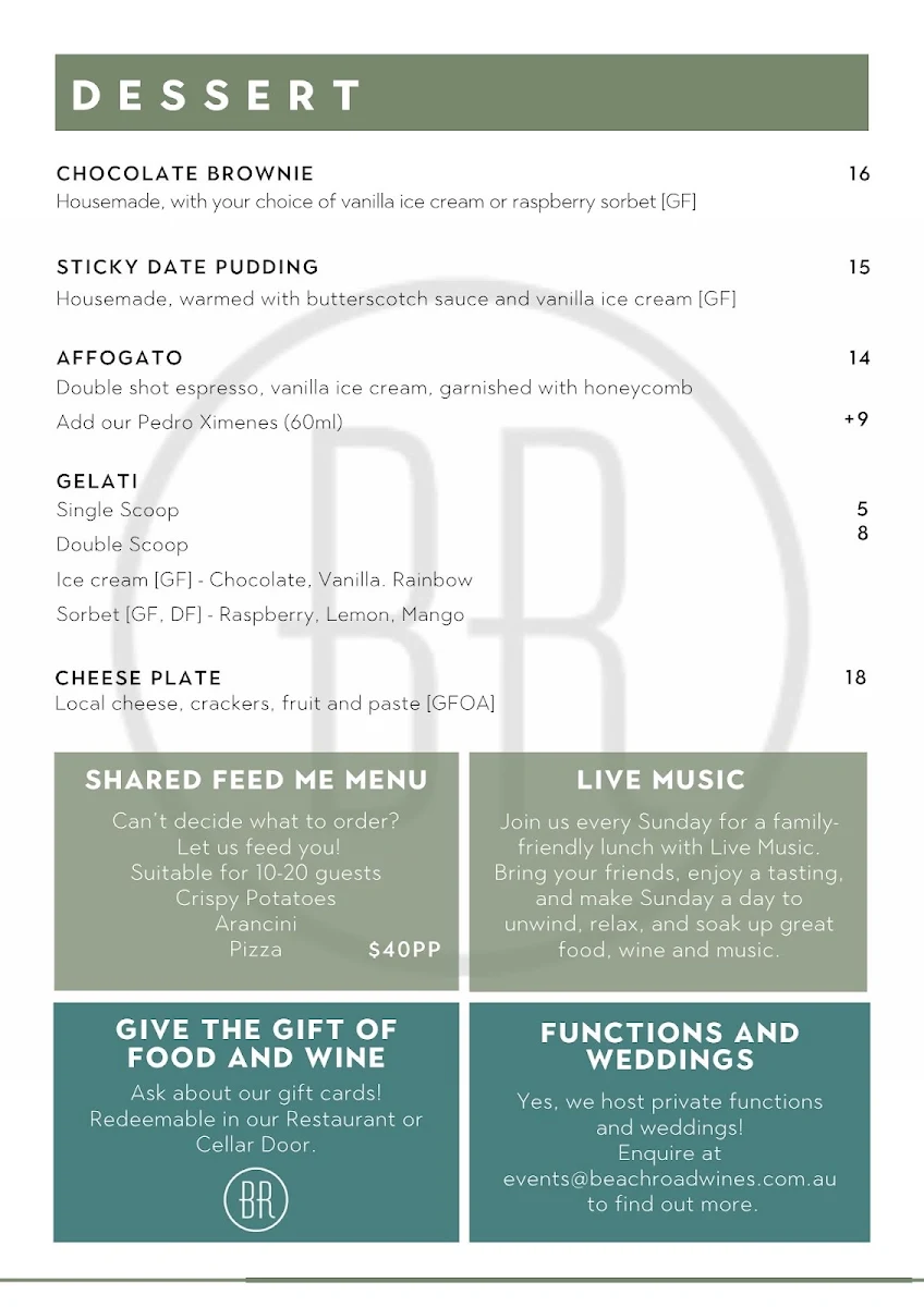 Menu, Beach Road Winery & Restaurant
