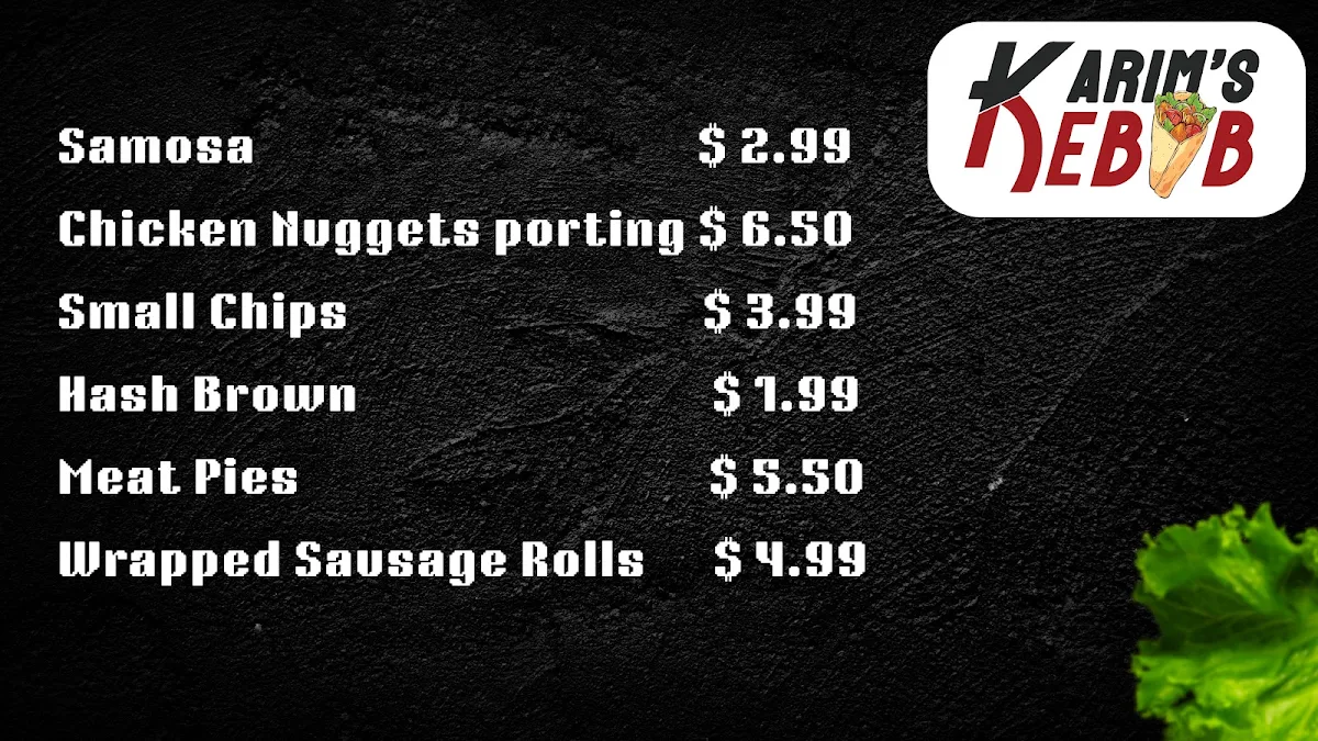 Menu, Karim's Kebab Yangebup